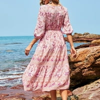 Дамски рокли дължина до лакътя а-линия средна дължина ежедневни лято в-врата Печатни розова м