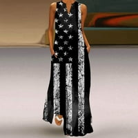 Плажна слънчева рокля за дамски V-образни деколтета Ден на независимостта от печат без ръкави за слънце черно xxl