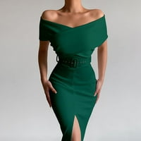 Finelylove от раменната рокля комбинезон за жени облечени а-лайн дълги къси ръкави твърдо зелено l