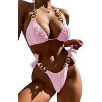 Дамски бикини сплит бански костюми водна вълна тъкан секси метална верига каишка бански костюми розово л