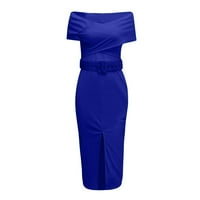 Летни рокли за жени с къс ръкав твърд темперамент на глезена Дължина обвивка извън рамото рокля синя xxxl