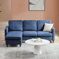 Двулицев секционен диван с табуретка, ленен плат тапициран Г-образен 3-местен диван с удобен страничен джоб и подлакътник за хол, спалня, синьо