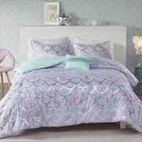 Mi Zone Full Queen Retburable Comforter Set с декор възглавница 4-части метален отпечатан аква лилаво