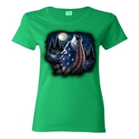 Американско знаме виене вълк любител на животни Женски графична тениска, Кели, малък