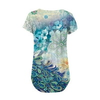 Женски флорални печат летни върхове с къс ръкав тениски за шия на шията удобна мека мода свободна форма на ежедневна тениска