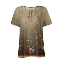 Tking fashion дамски летни henley къси ръкави върхове ежедневни разхлабени ризи с печат блуза кафява m