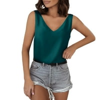 Женски върхове на резервоарите за жени за жени v шия коприна лято сатен без ръкави Блуза Основни камизоли ризи Камизол за жени Зелен XL