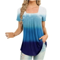 Квадратна шия с къси ръкави ризи разцъфтяване на ежедневна блуза за жени цветни блокове върхове леки туника темперамент тениски специални предложения за корекция на корема тениски сини xl