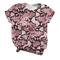 Излизане на блузи за женски моден моден сладък леопардов печат пуловер ежедневно дъно риза отгоре кръгла деколте с късо ръкав изрязани тениски за жени, розово, xxl