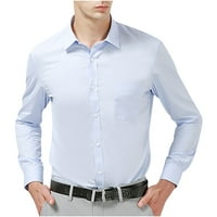 Мъжки бизнес ризи Разхлабени плътни цветове бутон с дълъг ръкав надолу тениски с яка на ревери небрежни дишащи пътувания за работа топ блуза син xxl