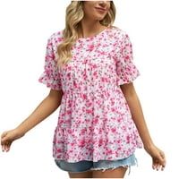 Летни ежедневни елегантни блузи за жени Модни печатни блуза кръг врата къс ръкав хлабав тениска розов