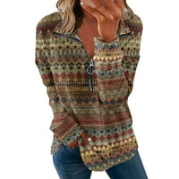 Западни ацтекски ризи за жени с дълъг ръкав цип нагоре Суитчър етнически печат пуловер ежедневни есен