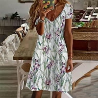 Жени лятна флорална рокля рокля лято за флорални тениски с къс ръкав Дами v Врат люлеещи се цветни удобни мини рокли