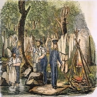 Войници в лагер, 1840 -те. Nu.S. Армейски войници, които мият дрехите си в лагера. Дърворезба, 19 век. Печат на плакат от