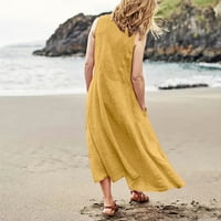 Yubatuo Лятна ежедневна плюс размер солиден разхлабена слънчева ръка с джобове Екипаж от врата от рамото без ръкави Макси плажни рокли за жени жълти 4xl