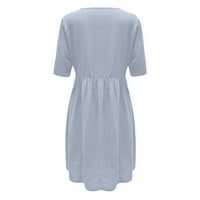 Tking модни дамски рокли солиден цвят кръгъл джоб бутон за шия свободен памучен памук лятна рокля светло синьо xxl xxl