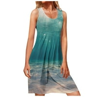 Тинг Мода Дамски рокли лято случайни хлабав кръг врата Плаж печат жилетка без ръкави рокля светло синьо