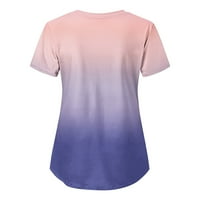 Тениска За Жени Мода Градиент Печат Къс Ръкав В Деколте Ваканционни Работни Униформа Блуза Риза С Джобове