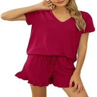 Paille Women Sleepwear v Neck Pajamas Комплекти къса ръкав Две тоалета ежедневни домашни дрехи Nightwear Red XXL