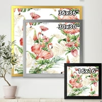 Дизайнарт 'Тропически Цветя И Златни Листа С Розово Фламинго' Традиционна Рамка Арт Принт