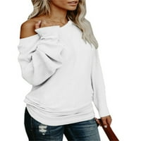 Женски твърд цвят едно рамо наклонено рамо дълъг ръкав ежедневен пуловер