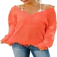 Жените Сладък Изтръгнат Плетен Пуловер Затруднени Извънгабаритни Реколта Плетен Пуловер Пуловер Трикотаж
