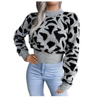 mveomtd жени есен и зимен цветен блок леопардов щампа с дълъг ръкав тънък прилепнал лек пуловер горен кръгъл пуловер