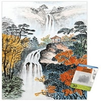 Китайски пейзаж с водопади Стенски плакат с бутални щифтове, 14.725 22.375