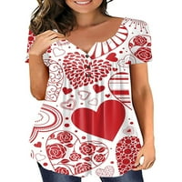 Тениски niuer дами тениски с къс ръкав Tee Heart Print Summer Tops Ruched Tunic Rish v шия блуза розово червено 2xl