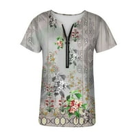 Модни Летни Ризи Дамски Модни Случайни Реколта Флорални Печатни Ежедневни Тениска С Къс Ръкав С Цип В-Врата Пуловер Блуза Върхове