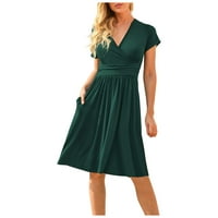 Дамска дамска рокля с къс ръкав в-Деколте миди дамска мода лятна джобна къса парти рокля зелена ШЛ