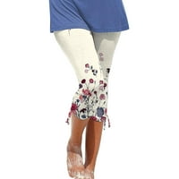 Жени модни печат подрязани панталони тънък прилягане на теглене еластична талия прави гамаши за свободно време леко тънка модерна йога панталони бяло xl