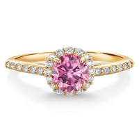 Gem Stone King 10K Жълто злато розов мосанит и бяла лаборатория отглеждани диамантен хало годежен пръстен за жени