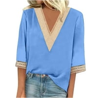Jyeity женски ризи клирънс под $ 10, дантелено ръкав v-образен век солиден цвят ежедневно лятно светло сини тениски жени графични тийнейджъри размер s