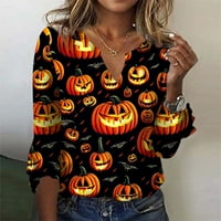 Bazyrey дамски върхове Хелоуин модни ризи отгоре разхлабени ежедневни V-образни вещи Хелоуин отпечатани блузи Тениска с ръкав оранжева m