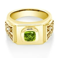 Gem Stone King 2. CT Cushion Green Peridot 18K жълто злато, покрито сребърен мъжки пръстен
