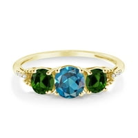 Gem Stone King 10k Жълто злато 3-каменна диамантен годежен пръстен 2. CT Oval London Blue Topaz Green Chrome Diopside