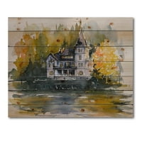 Art DesignArt 'Замъкът край езерото с есенна езерна къща отпечатък върху естествена борова дървесина в. Широко. Високо