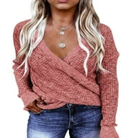 Елегантен пуловер за жени дълбок V врат джъмпер с дълъг ръкав пуловери плетени плетени върхове