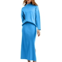 Женски рокли жени есен и зимен кръг врат дълъг ръкав свободен ежедневен плетен пуловер два рокли рокли за жени сини един размер