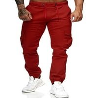 Колиша Мъжки дъна Еластична талия панталони шнур панталони лек спорт Плътен цвят вино Червено ххл