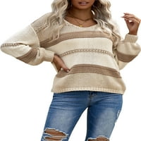 Женските пуловери на Alvaq падат дълги ръкави v Врат Цветният блок Ивицирани пуловер пуловерни върхове