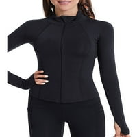 Jusddie Women Jacket Full Zip Comfy Yoga тениски със солиден цвят фитнес тренировка отгоре с дълъг ръкав Black L